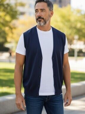 Kallspin Men's Cashmere/Wool Blend Classic Navy V-Neck Button Sweater Vest 4XL